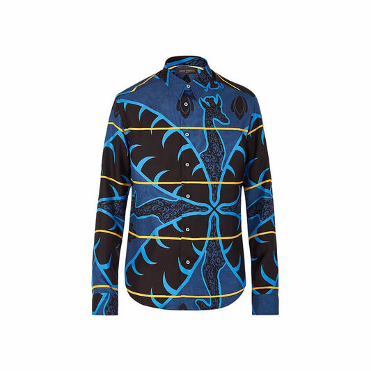 Luxury Vintage Giraffe Printed Paisely c Blue Longsleeve Shirt - Obeezi