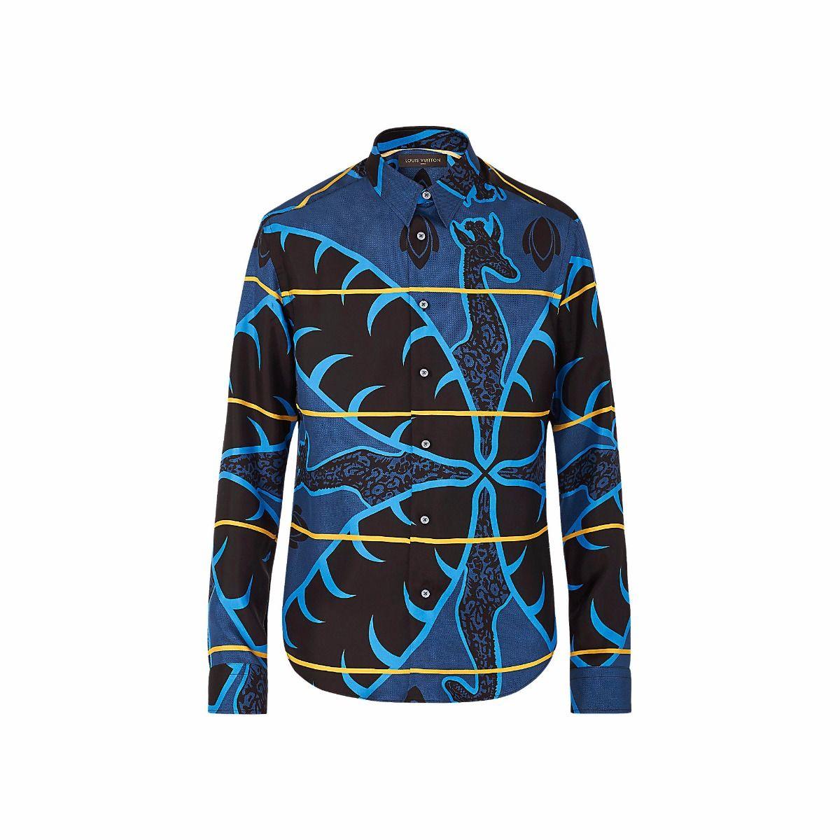 Luxury Vintage Giraffe Printed Paisely c Blue Longsleeve Shirt - Obeezi