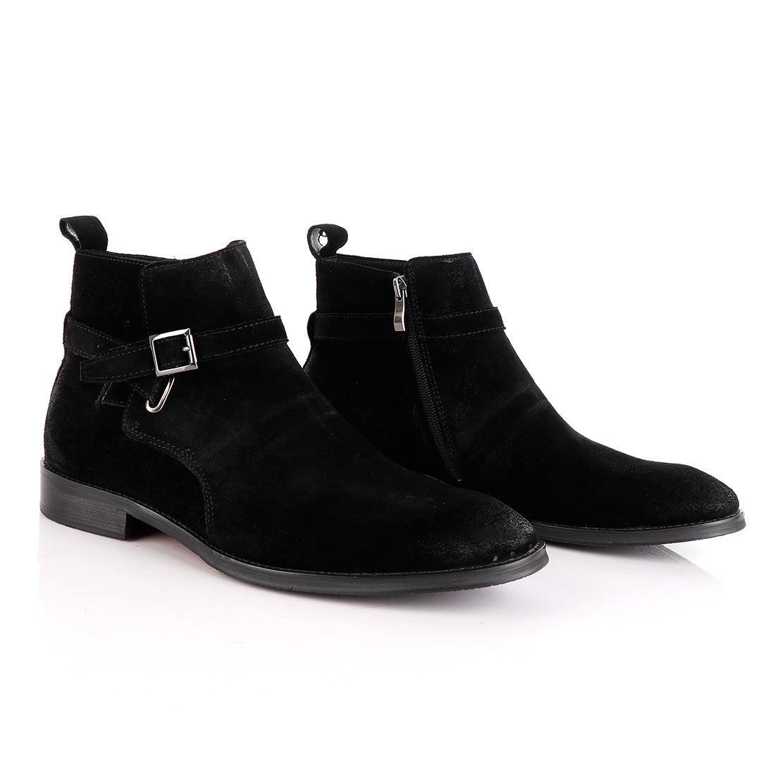 Massimo Dutti Buckle Chelsea Strap up Black Suede Shoe - Obeezi