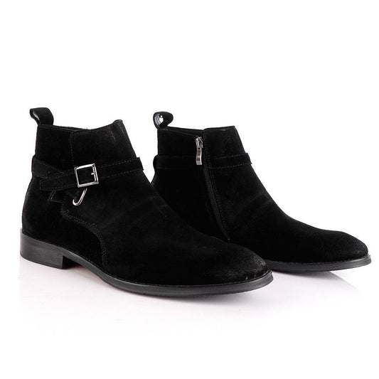 Massimo Dutti Buckle Chelsea Strap up Black Suede Shoe - Obeezi