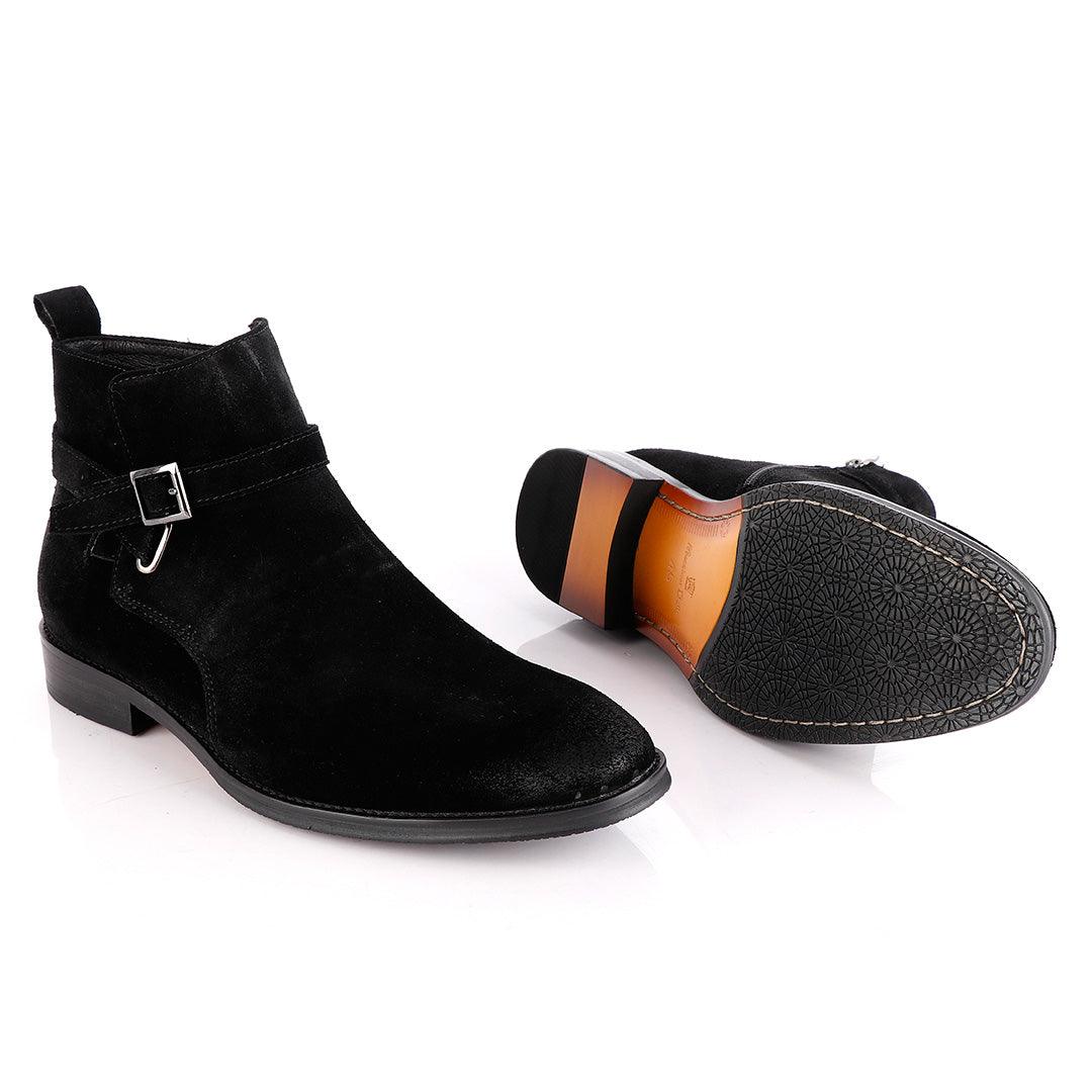 Massimo Dutti Buckle Chelsea Strap up Black Suede Shoe - Obeezi