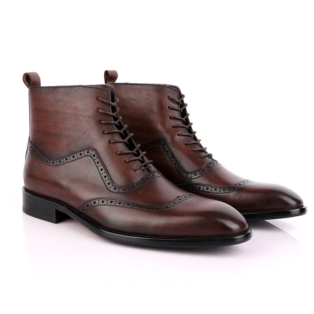 Massimo Dutti High tops Brogues Lace up Leather Chelsea Coffee Boot - Obeezi