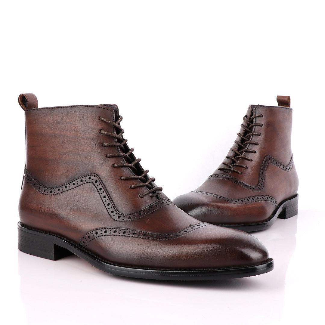 Massimo Dutti High tops Brogues Lace up Leather Chelsea Coffee Boot - Obeezi