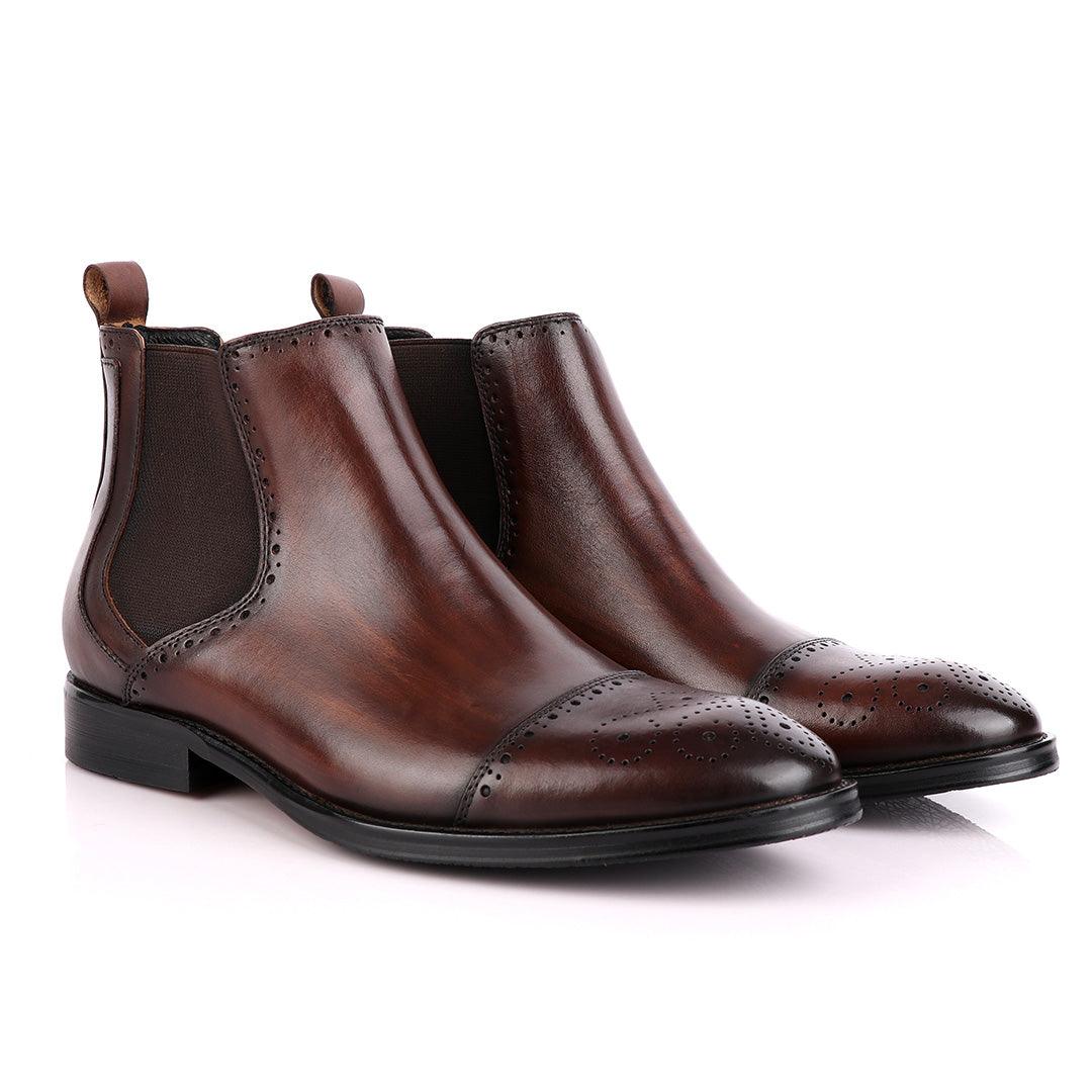 Massimo Dutti High tops Brogues Leather Chelsea Coffee Boot - Obeezi