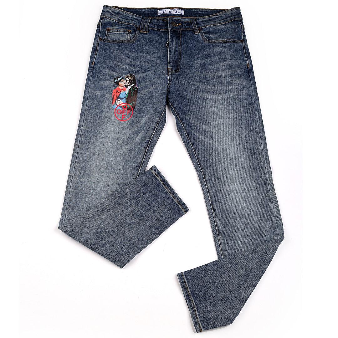 Men's Authentic Off Animated Print Designed Jean - Blue - Obeezi.com
