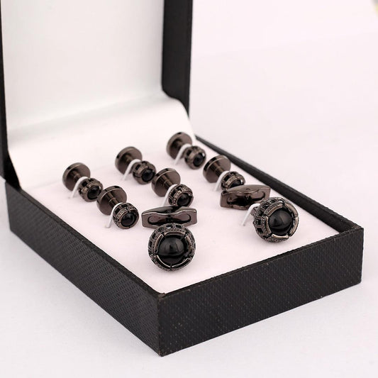 Men's Black Ball Designed Cufflinks And Six Button Set - Black - Obeezi.com