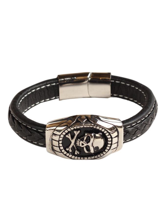 Men's Black Plaited Leather Skull Logo Bracelet - Obeezi.com