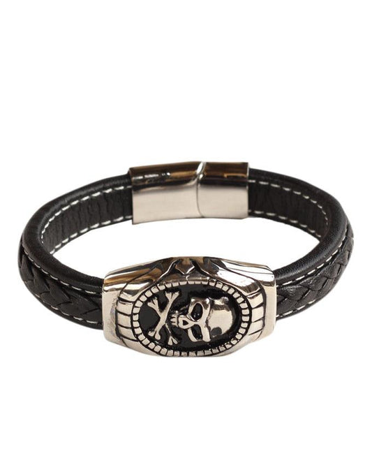Men's Black Plaited Leather Skull Logo Bracelet - Obeezi.com