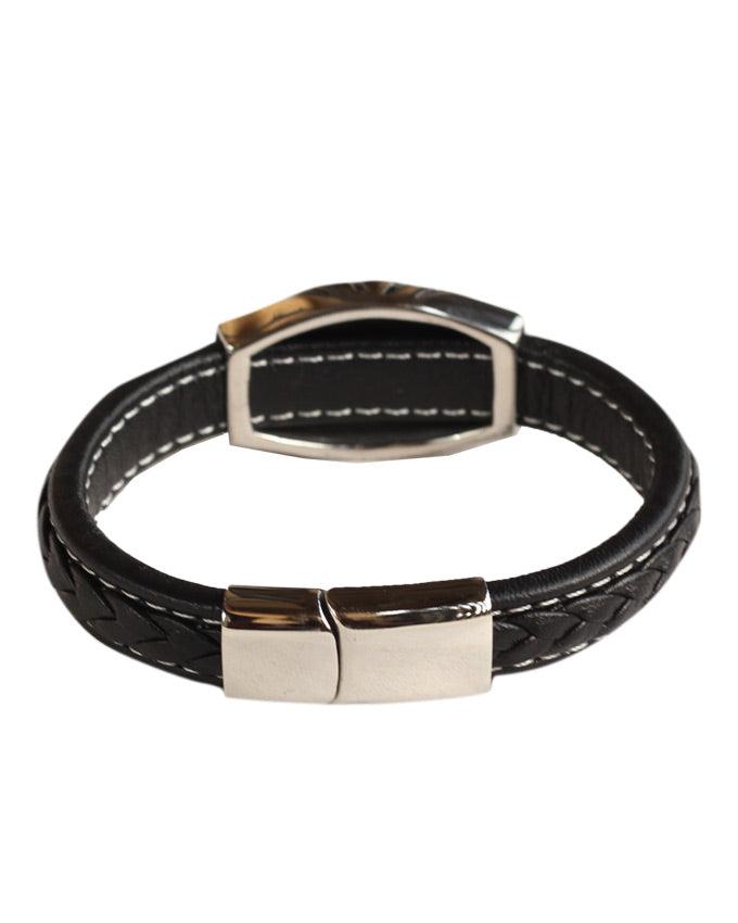 Men's Black Plaited Leather Skull Logo Bracelet - Obeezi.com