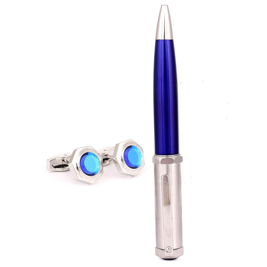 Men's Blue Crystal Designed Silver Cuflinks With Customized Pen - Obeezi.com