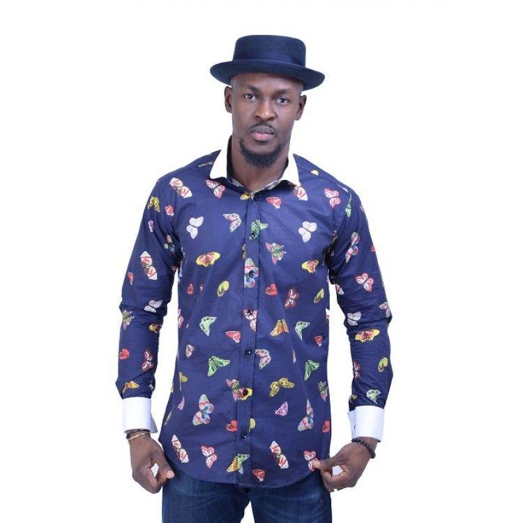 Men's LongSleeve Casual Shirt With Butterfly Design - Blue - Obeezi