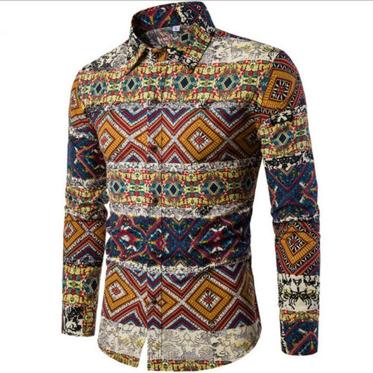 Men Vintage Long Sleeve Floral Multi Color Shirt - Obeezi