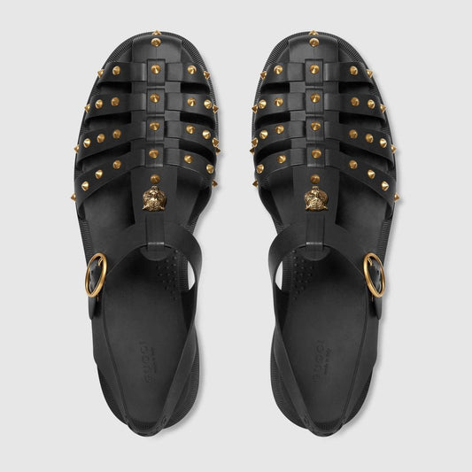 Mens Black Buckle Strap Feline Sandals - Obeezi