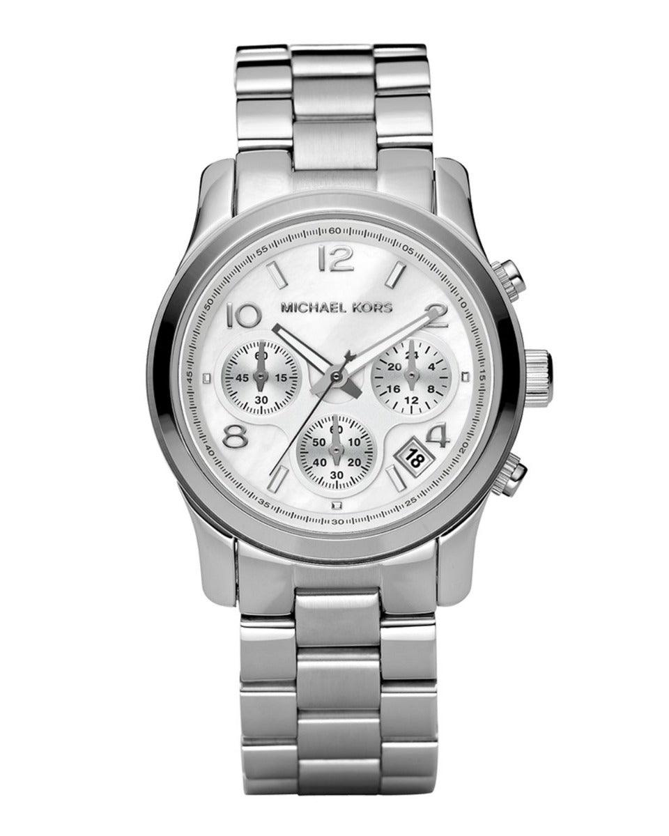 Michael Kors Ladies Silver-Tone Chronograph Runway Designer Watch MK5076 - Obeezi.com