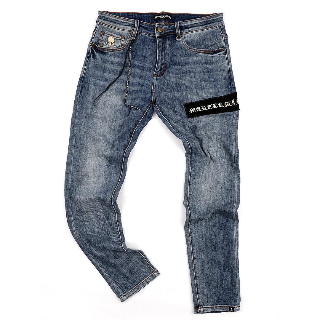 MM World Logo Embroidered Denim Jeans- Blue - Obeezi.com
