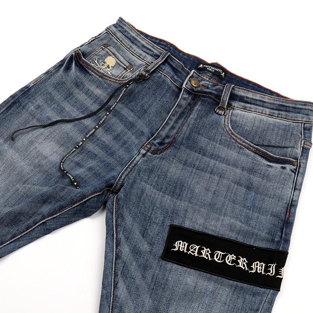 MM World Logo Embroidered Denim Jeans- Blue - Obeezi.com