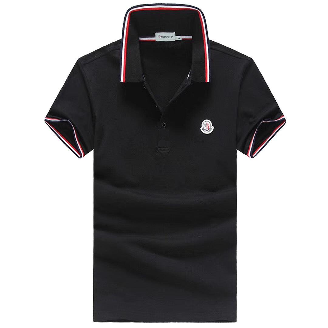 Moncler Stripe Trim Cotton Pique Black Polo T-shirt - Obeezi