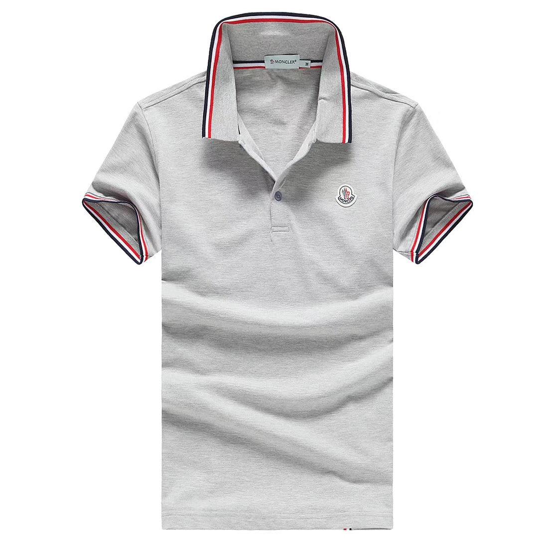 Moncler Stripe Trim Cotton Piqué Grey Polo T-shirt - Obeezi