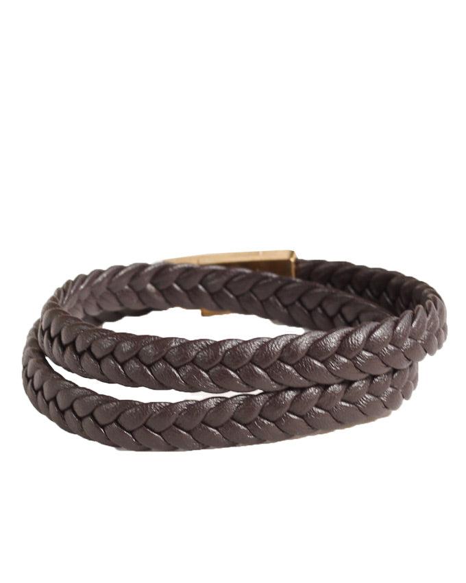 Mont Blanc gold head 2 Pack dark brown plaited leather bracelet - Obeezi.com