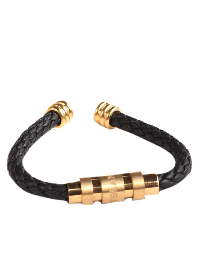 Mont blanc gold head black woven pliated men's leather bracelet - Obeezi.com