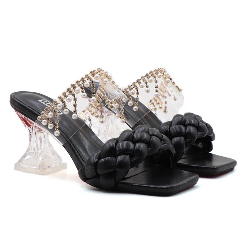 MS Fold Weave Black Block Heel - Obeezi.com