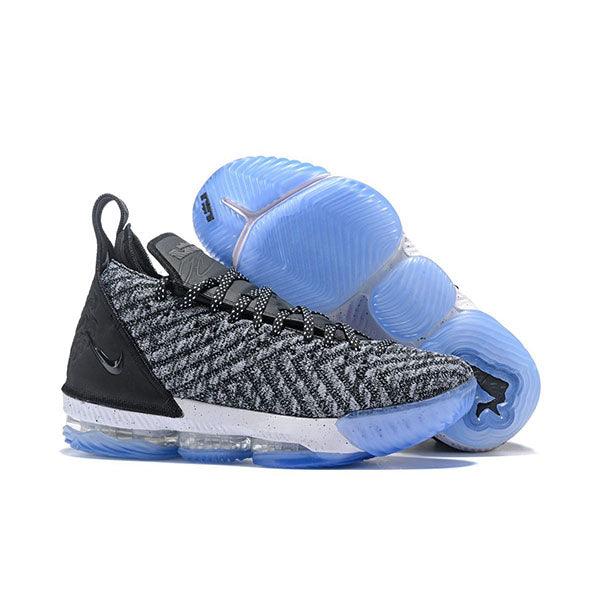 N LeBron 16 Oreo Black White Grey With Icy Blue Sneakers - Obeezi