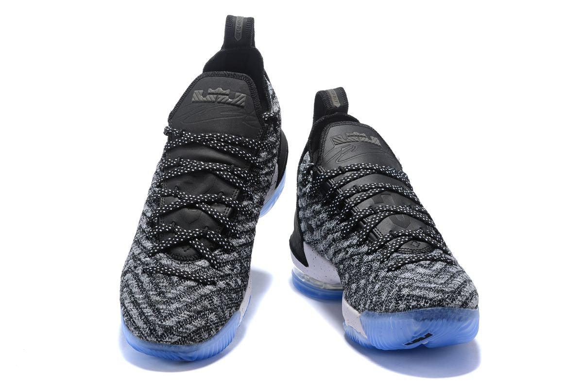 N LeBron 16 Oreo Black White Grey With Icy Blue Sneakers - Obeezi