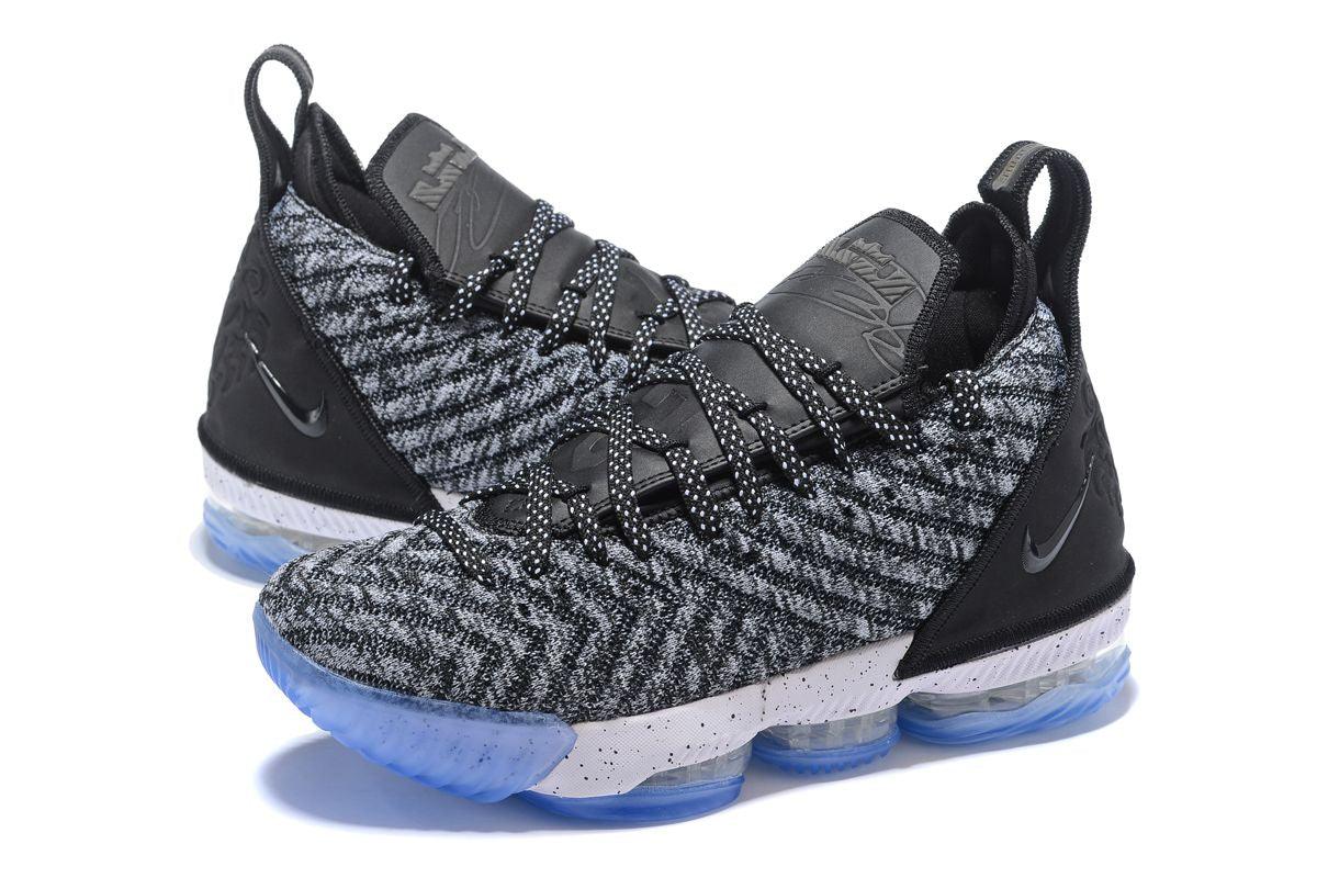 N LeBron 16 Oreo Black White Grey With Icy Blue Sneakers - Obeezi