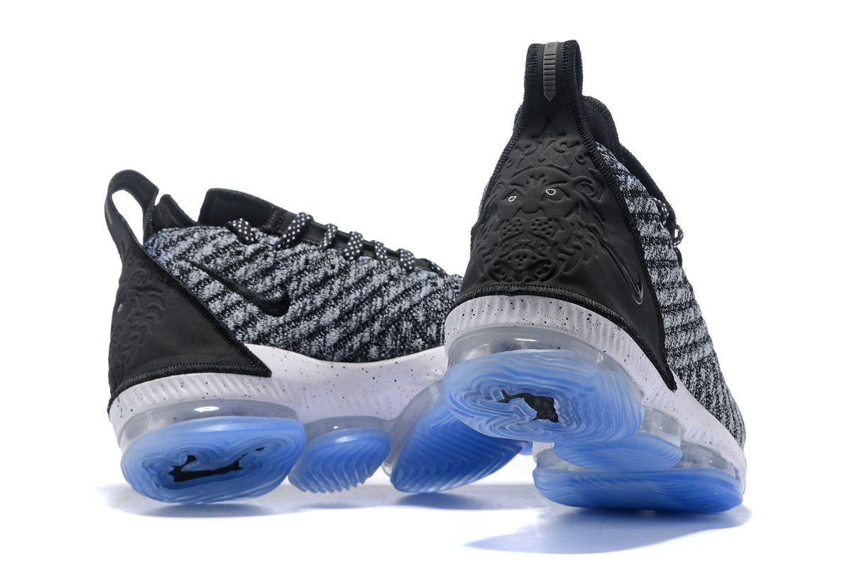 N LeBron 16 Oreo Black White Grey With Icy Blue Sneakers - Obeezi