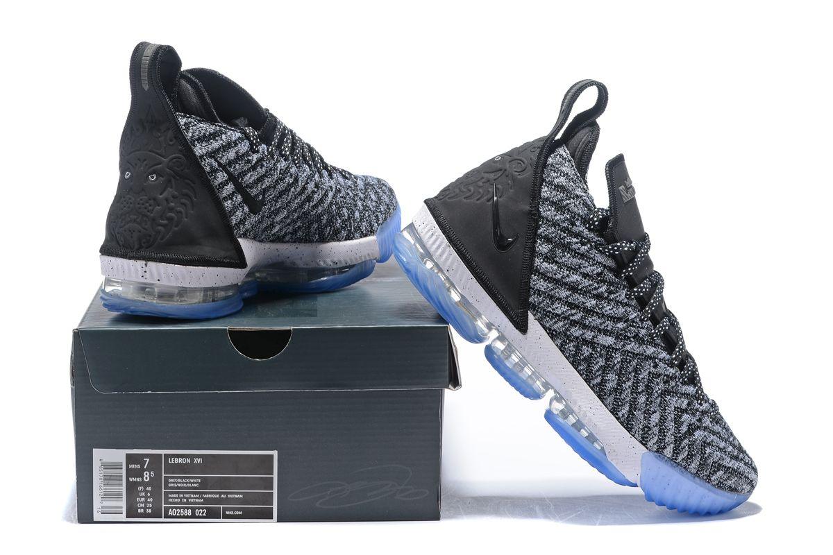 N LeBron 16 Oreo Black White Grey With Icy Blue Sneakers - Obeezi