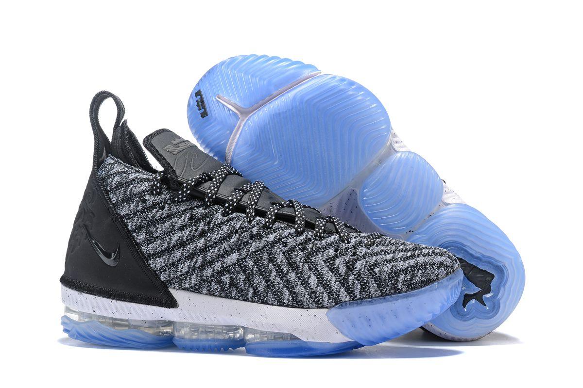 N LeBron 16 Oreo Black White Grey With Icy Blue Sneakers - Obeezi