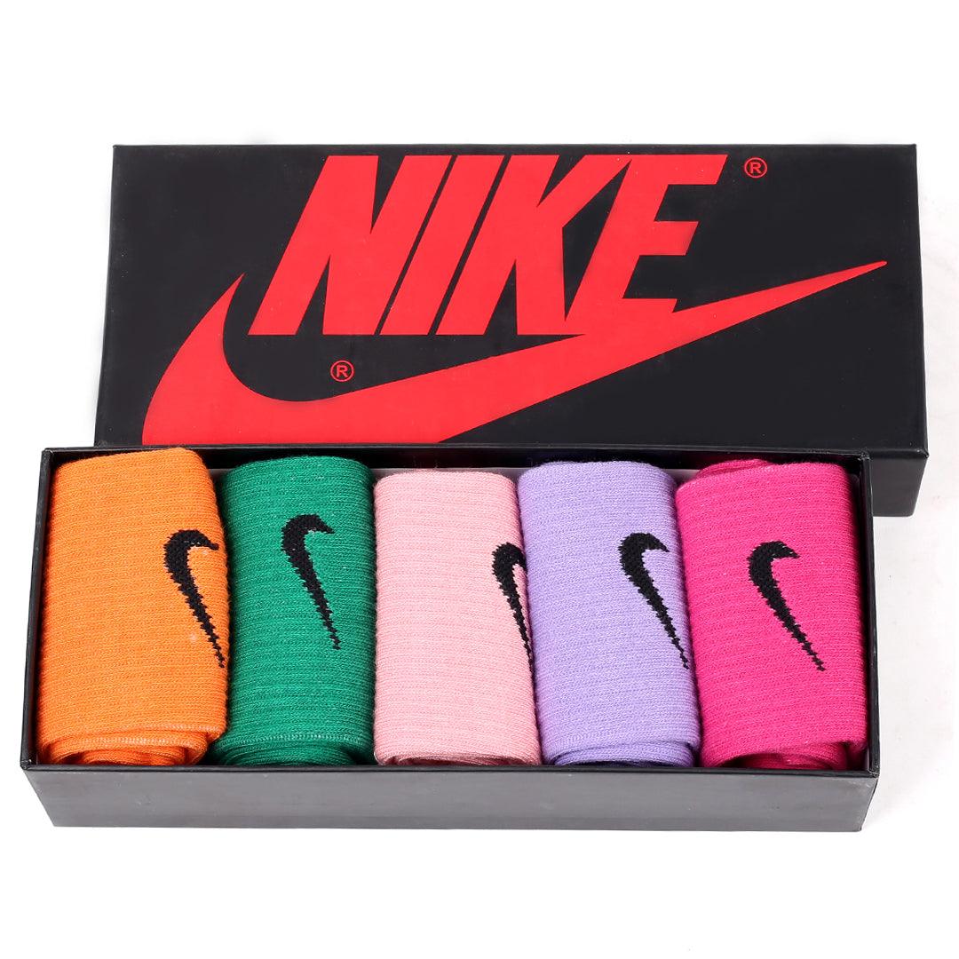 Nik Logo Designed 5 Pairs Black, Sky Blue, White, Brown And Blue Socks - Obeezi.com