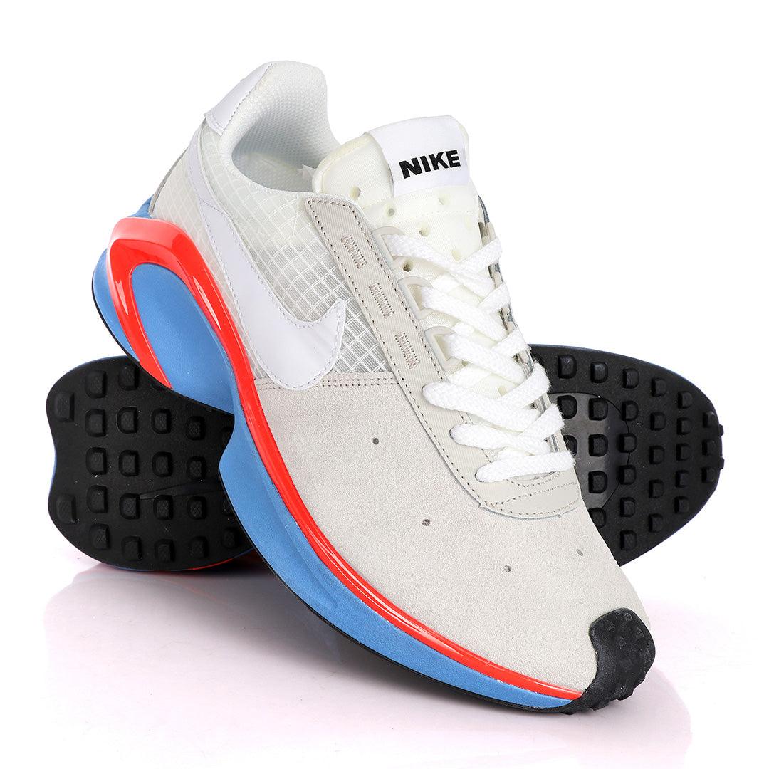 NK D/MS/X Waffle Beige Sneakers With Classic Red And Blue Designs - Obeezi