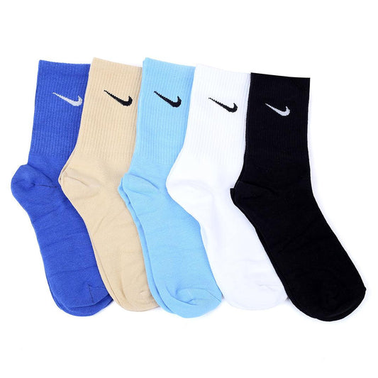 Nk Logo Designed 5 Pairs Black, Royal Blue, White, Brown And Blue Socks - Obeezi.com