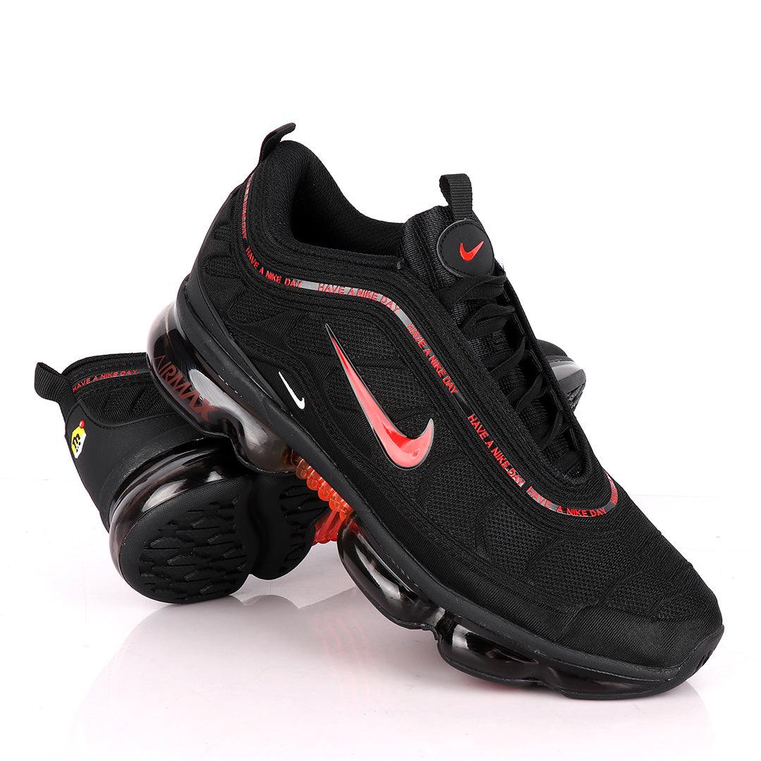 NK Max Black Sneakers With Tuned Pressure Sole And Red Logo Design - Obeezi