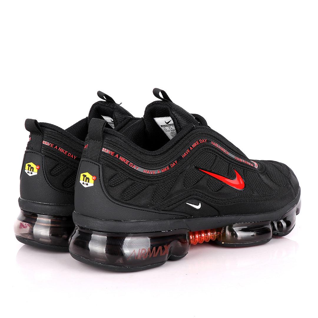 NK Max Black Sneakers With Tuned Pressure Sole And Red Logo Design - Obeezi