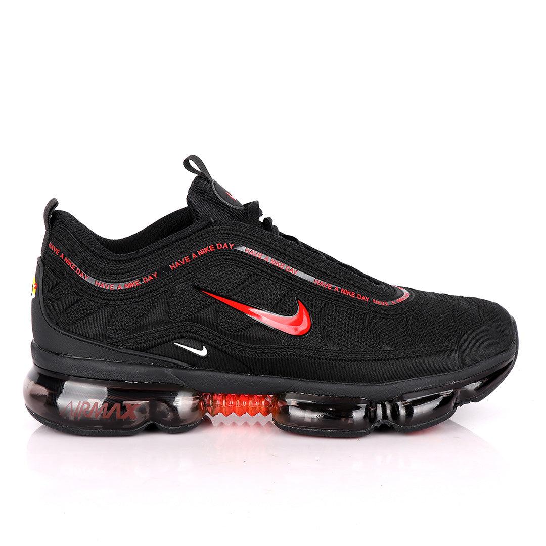 NK Max Black Sneakers With Tuned Pressure Sole And Red Logo Design - Obeezi