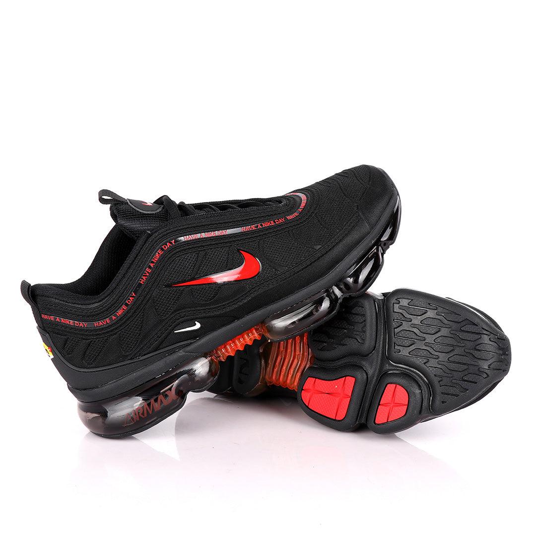 NK Max Black Sneakers With Tuned Pressure Sole And Red Logo Design - Obeezi