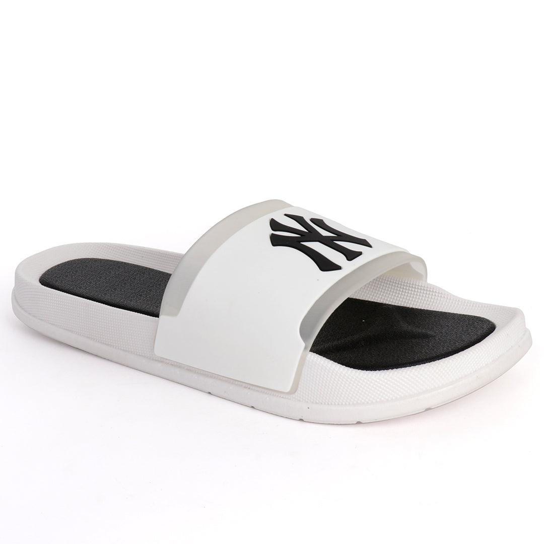 NY Fashion Big Logo Men's Brave Slide-All White - Obeezi.com