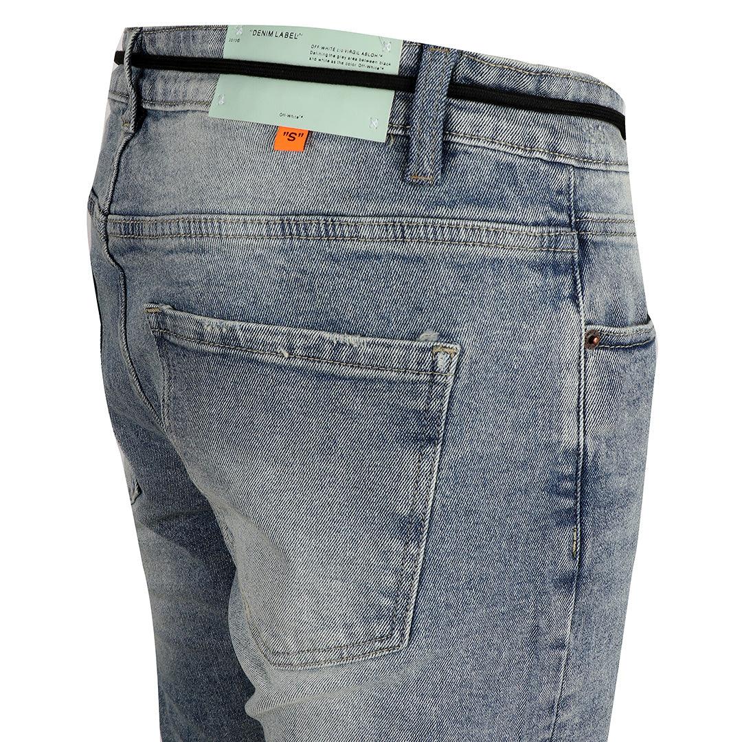 O.W Virgil Abloh Collection Ripped Executive Denim Label Jeans- Blue - Obeezi.com