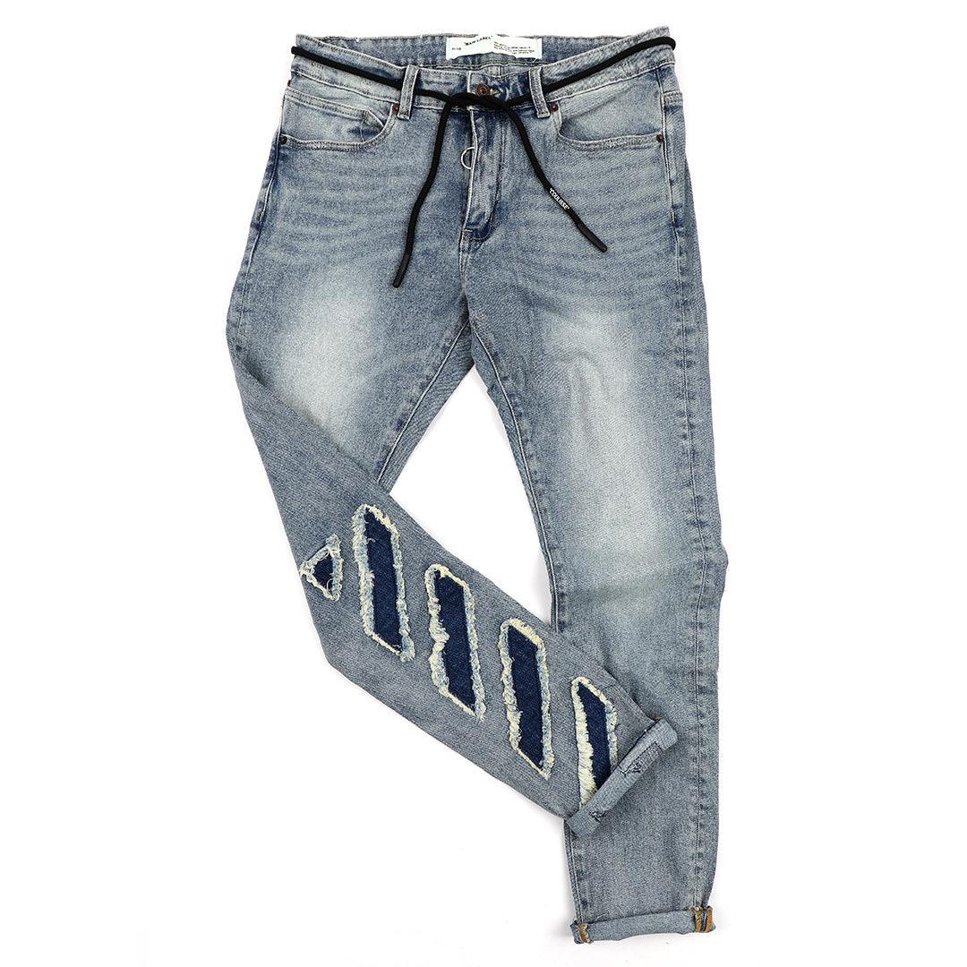 O.W Virgil Abloh Collection Ripped Executive Denim Label Jeans- Blue - Obeezi.com