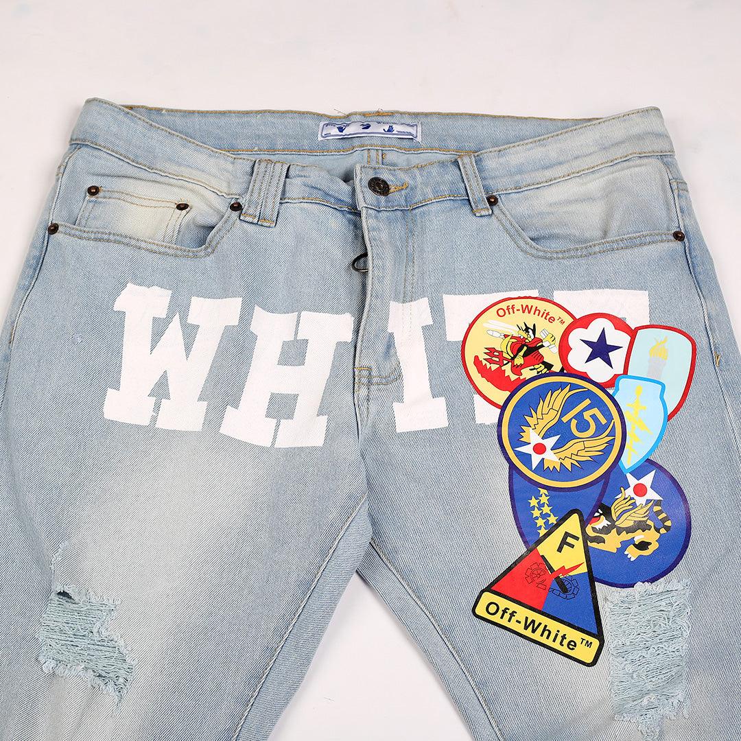 Off Authentic Ripped And Logo Designed Denim Jean - Blue - Obeezi.com