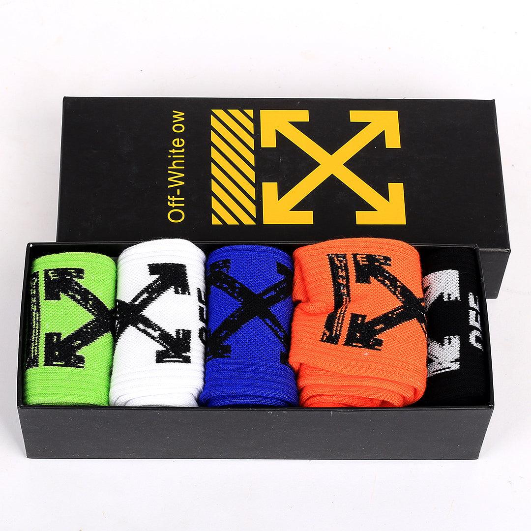 Off Cotton 5 In 1 Orange, Black, White, Green And Blue Logo Designed Socks - Obeezi.com
