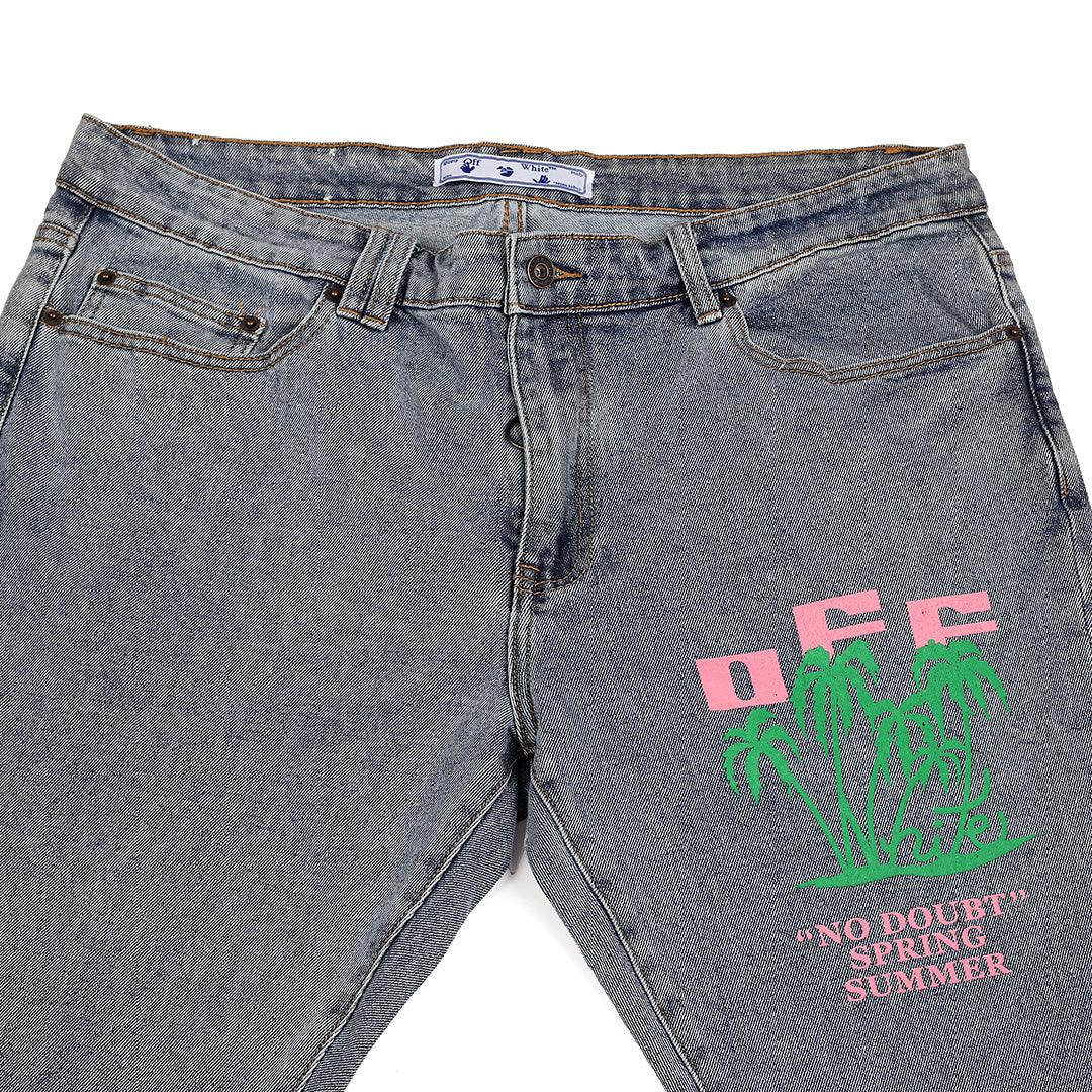Off High Quality Logo Designed Embroidered Denim Jean - Blue - Obeezi.com