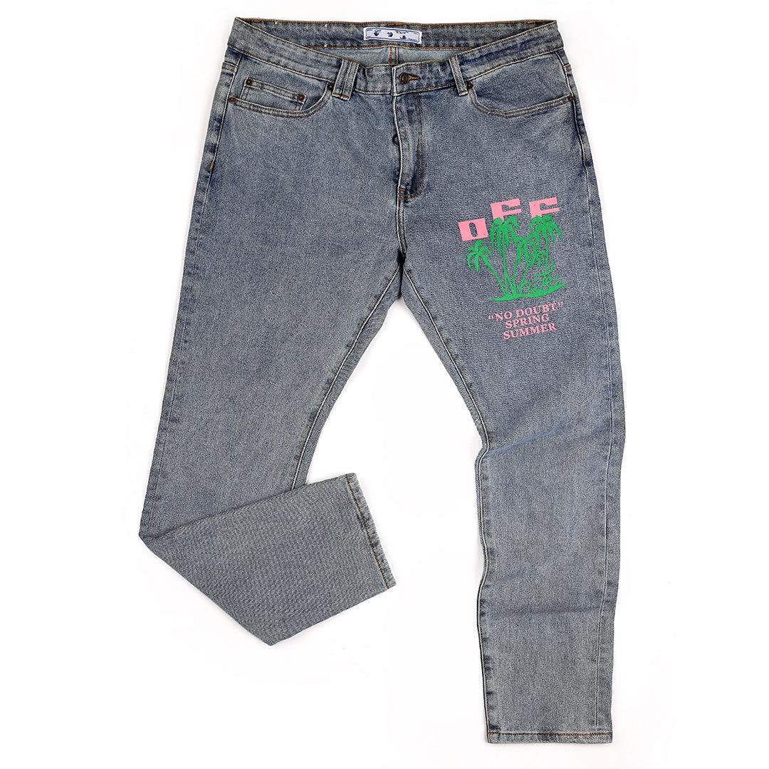Off High Quality Logo Designed Embroidered Denim Jean - Blue - Obeezi.com