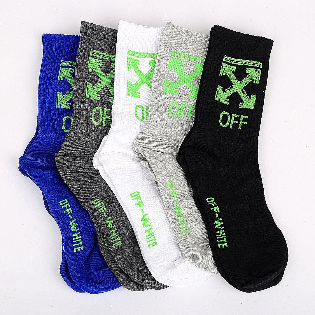 Off Logo Designed 5 In 1 Blue, Grey, White, Ash And Black Socks - Obeezi.com