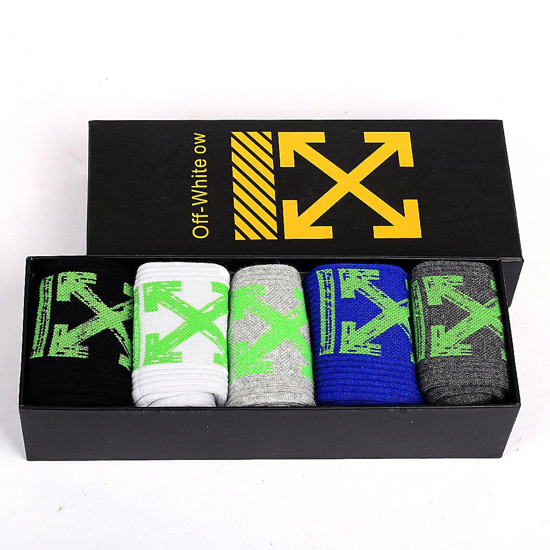 Off Logo Designed 5 In 1 Blue, Grey, White, Ash And Black Socks - Obeezi.com