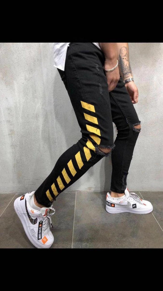 OfF-white Simple Ribbed Black crested yellow Jean Trouser - Obeezi