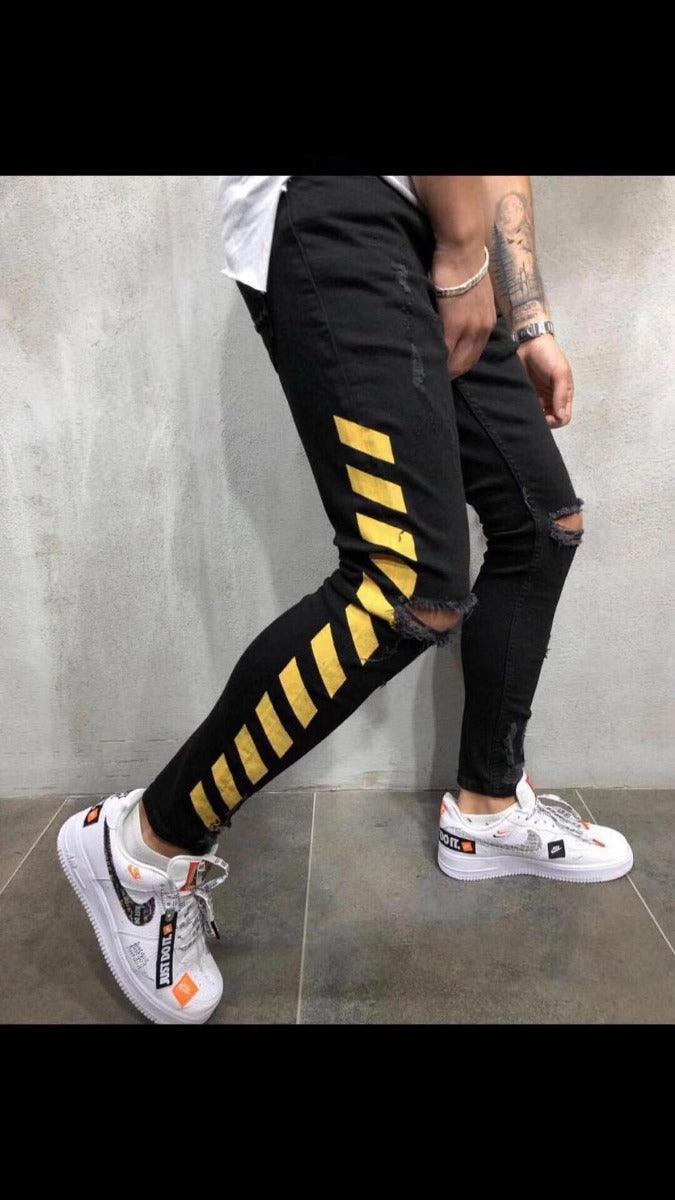 OfF-white Simple Ribbed Black crested yellow Jean Trouser - Obeezi