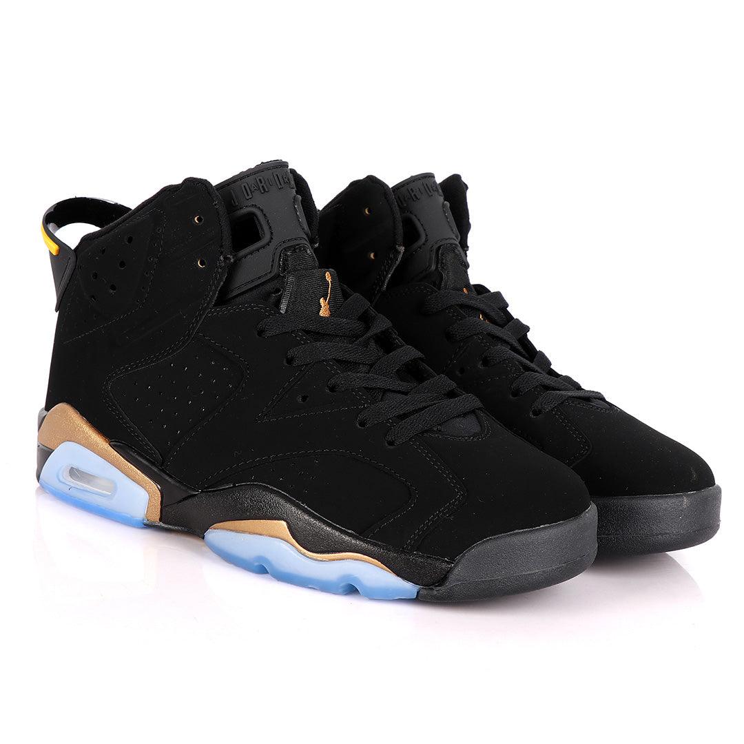 Original Air Jordan 6 Retro Black Suede Sneakers With Classic Gold And Blue Designs - Obeezi